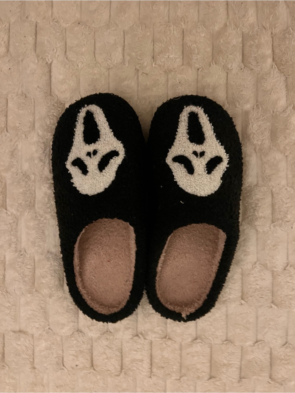 Mens Black Fuzzy Slip-On Shoes with White Mask Design